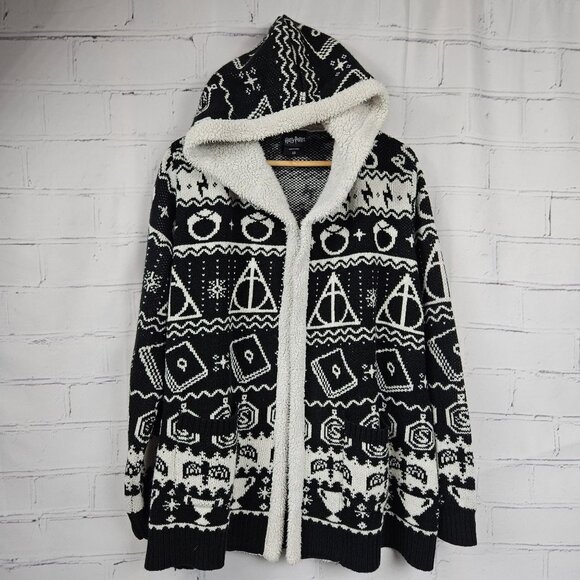 Harry Potter Hooded Sherpa Trim Knit Open Cardigan Sweater Womens L Duster Long - Picture 1 of 15